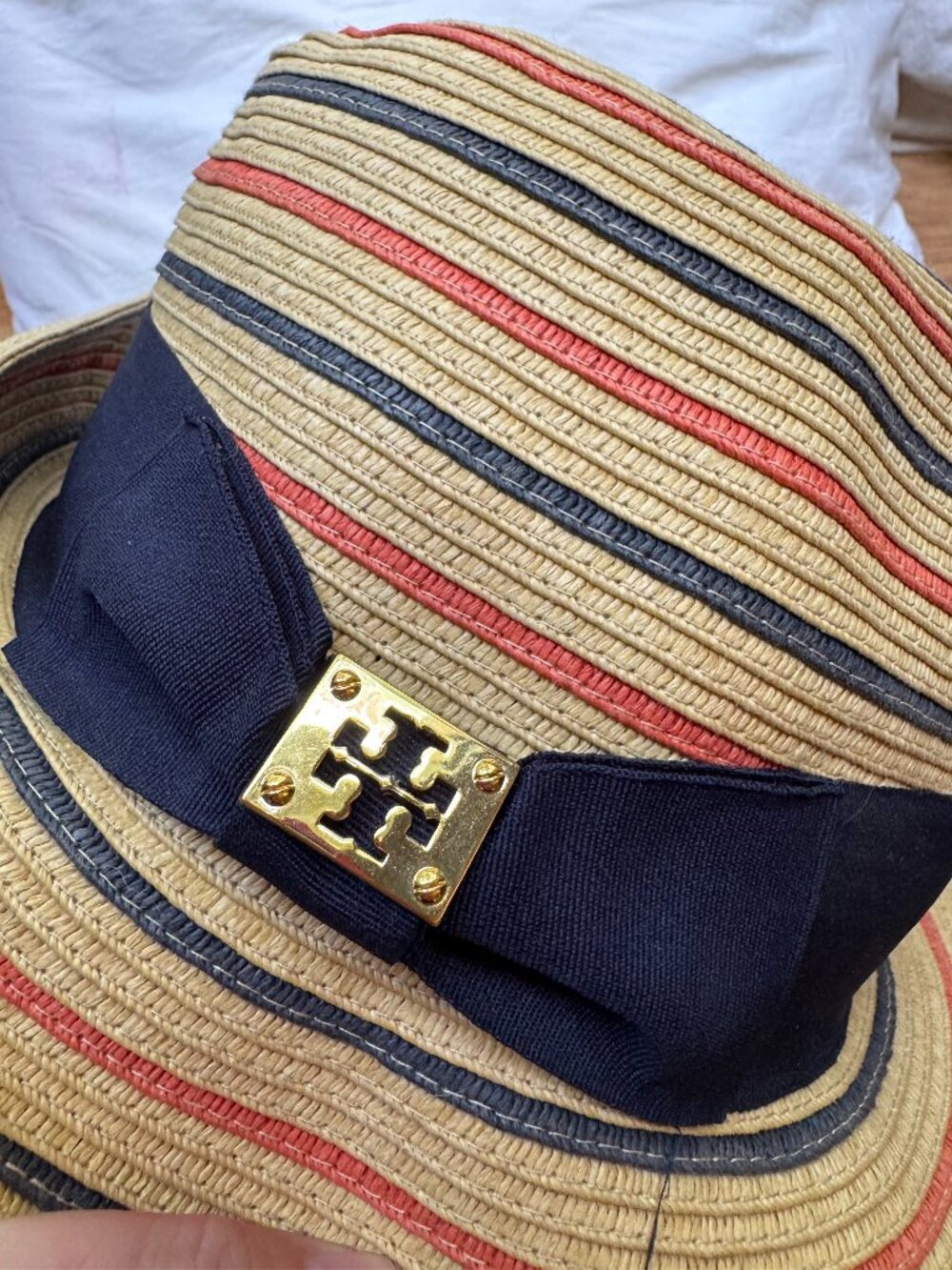 Tory Burch Straw Fedora Hat Navy Coral Stripe Gold Logo